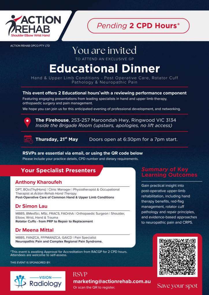 Action Rehab Educational Dinner | Ringwood 21st May 2026 | Action Rehab - Shoulder, Elbow, Wrist and Hand Physiotherapists Action Rehab Educational Dinner | Ringwood 21st May 2026 | Action Rehab - Shoulder, Elbow, Wrist and Hand Physiotherapists
