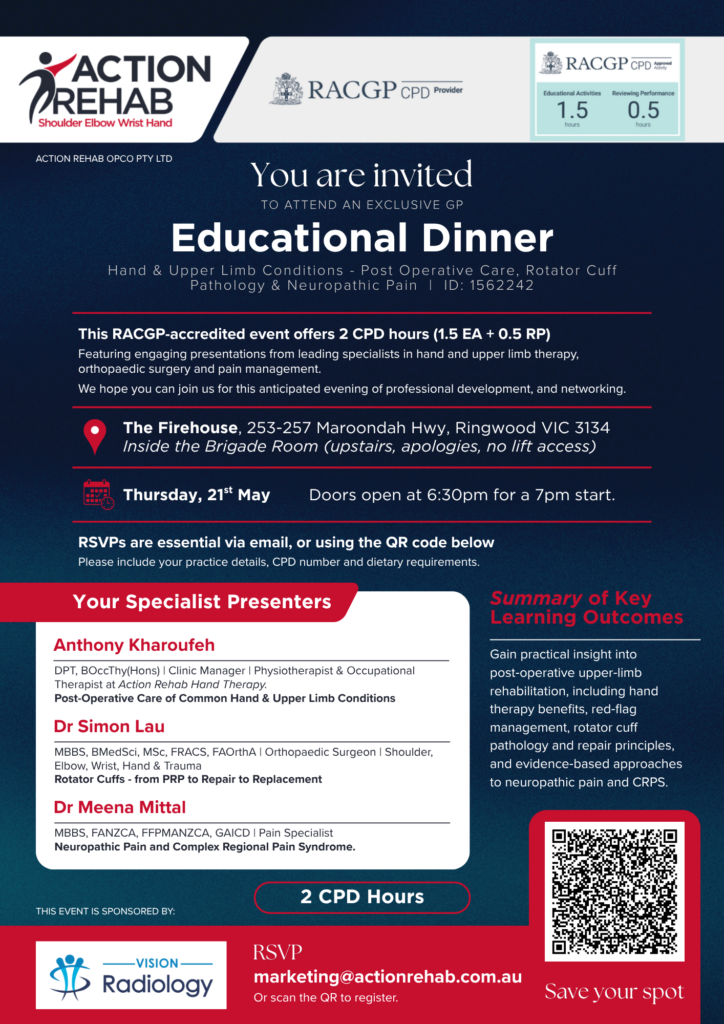 Action Rehab Educational Dinner | Ringwood 21st May 2026 | Action Rehab - Shoulder, Elbow, Wrist and Hand Physiotherapists Action Rehab Educational Dinner | Ringwood 21st May 2026 | Action Rehab - Shoulder, Elbow, Wrist and Hand Physiotherapists
