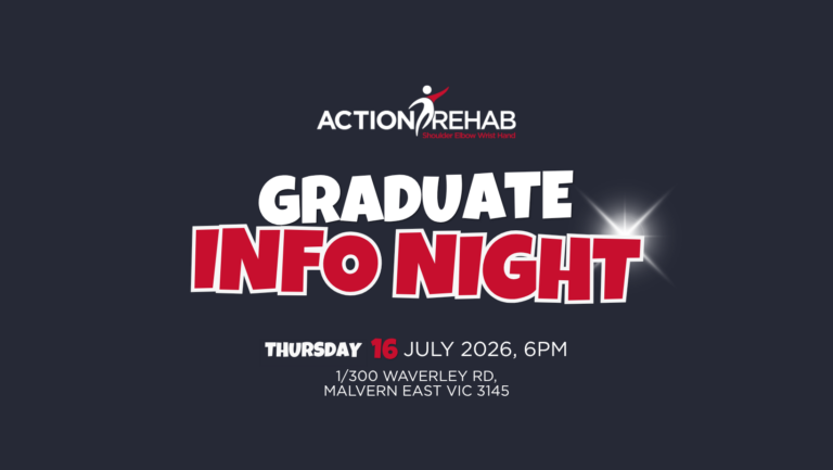 Learnings | Action Rehab - Shoulder, Elbow, Wrist and Hand Physiotherapists Action Rehab Graduate Info Night 2026 for physiotherapy and occupational therapy students in Melbourne VIC, with date, time, and Malvern East location.