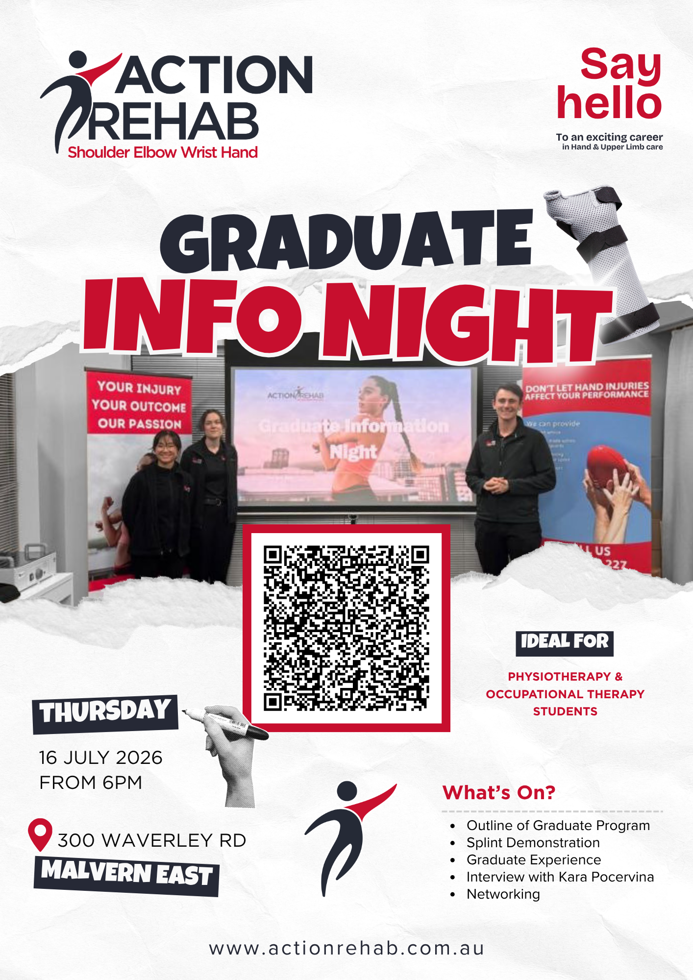 Graduate Info Night 2026 - Action Rehab Hand Therapy | Action Rehab - Shoulder, Elbow, Wrist and Hand Physiotherapists Action Rehab Graduate Info Night flyer for physio and OT students in Melbourne with event details and QR code.