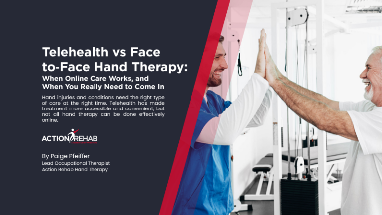 Telehealth vs Face‑to‑Face Hand Therapy: When Online Care Works, and When You Really Need to Come In | Action Rehab - Shoulder, Elbow, Wrist and Hand Physiotherapists Hand therapist and patient completing a rehabilitation exercise during an in-clinic hand therapy appointment.